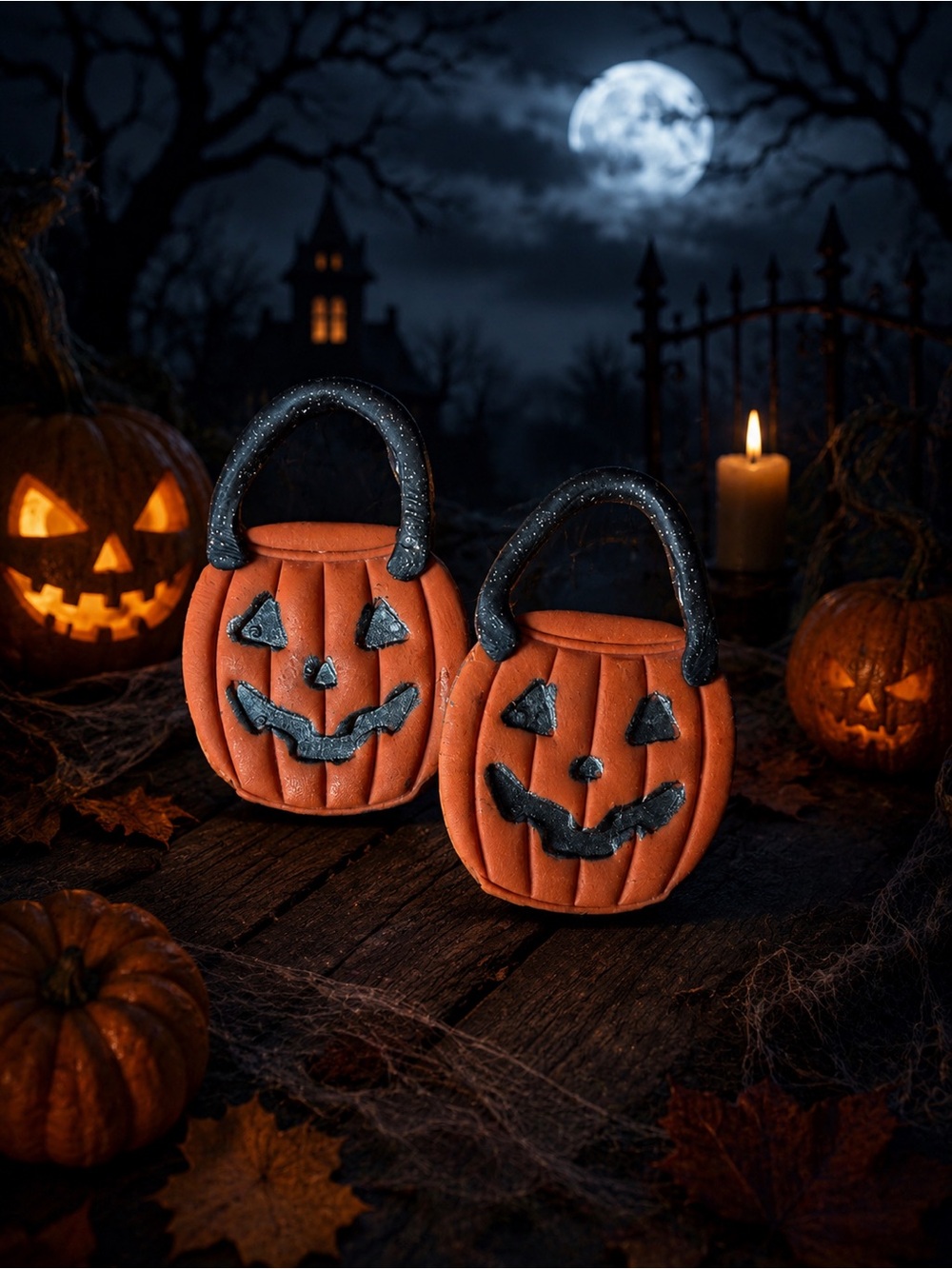Halloween Pumpkin Candy Basket Handmade Polymer Clay Earrings - Orange & Black